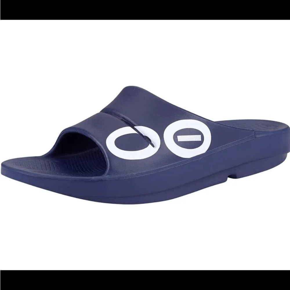 OOFOS Navy Blue Slide Sandals with White Logo